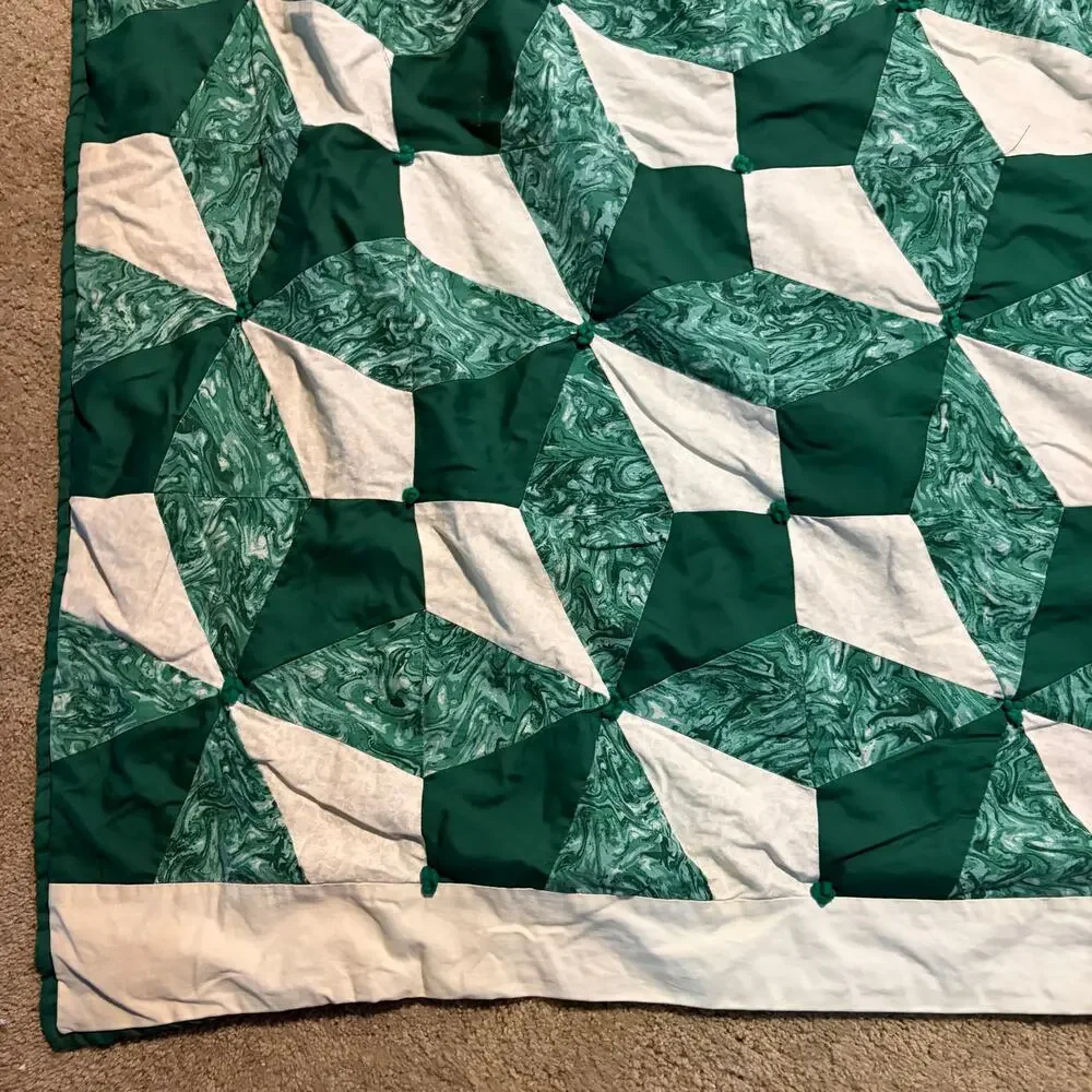 Vintage Handmade Patchwork Quilt Green White Pinwheel Geometric Full Queen 86x97